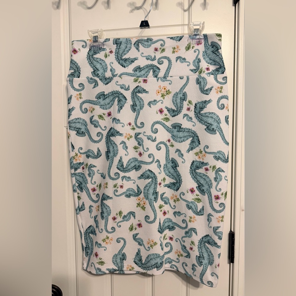 LuLaRoe Aqua Seahorse Print Skirt on White